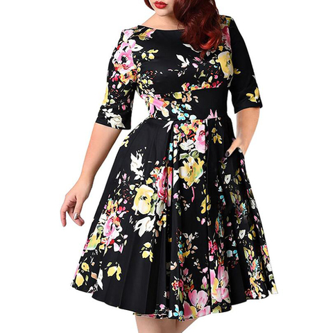 2022 Retro Large Size 7XL 8XL 9XL Women Dress Vintage Zipper Floral Print Tunic Big Swing Dress Plus Size Dresses For Women ► Photo 1/6