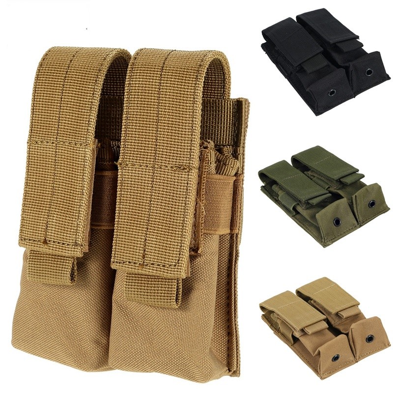 MOLLE Tactical Double 9mm Pistol Mag Pouch Flashlight Magazine Pouch Holder Bag