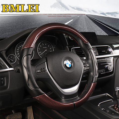 Carbon Fiber Sport Genuine Leather Car Steering Wheel Cover Size M 38cm for BMW X1 X3 X5 X6 E36 E39 E46 E30 E60 E90 E92 ► Photo 1/4