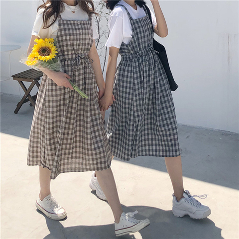 2022 Summer Spaghetti Strap Plaid Dress High Waist Sleeveless Long Women Dress Casual Loose Kawaii Dresses Lolita Sundress ► Photo 1/6