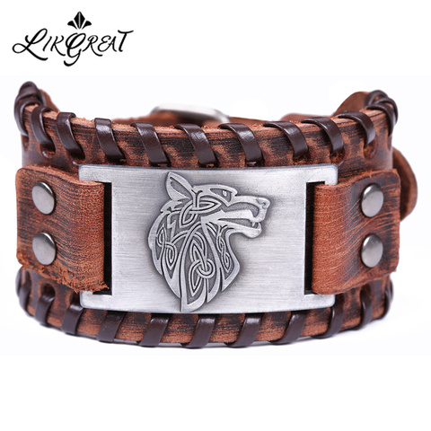 LIKGREAT Braid Leather Bracelets for Men Vintage Antique Silver Color Metal Viking Punk Wolf Charms Bracelet Talisman Adjustable ► Photo 1/6
