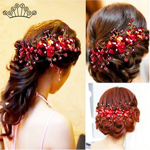 Fashion Red Crystal Beads Hairband Wedding Hair Jewelry Bridal Hairwear Handmade Flower Headband For Bride ► Photo 1/6