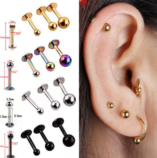 PAIR Black Surgical Steel Ear Stud Labret Lip Ring Tragus Helix Piercing 4mm 