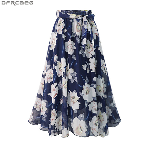 New Plus Size Women Chiffon Skirt Europe Fashion Bow Saia Midi Lining Jupe Femme Lace Up Falda Mujer Summer Print Floral Skirts ► Photo 1/6