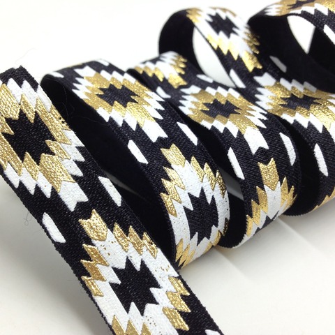 5 Yards 5/8 Black Gold Foil Aztec Printed FOE Elastic Ribbon, DIY Hair Ties, Elastic, Elastic by the yard Diy Headband Elastic ► Photo 1/1