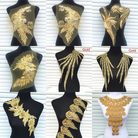 Metallic Gold Applique | Long Metallic Applique for Dresses | DIY Designer  Dress Applique | Women's Dress Applique | Sew on Gold Applique