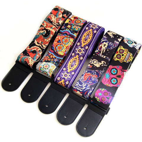 New 5 Colors Vintage Flowers Stripes Acoustic Electric Guitar Strap Woven Embroidery Fabrics Leather Ends Strap ► Photo 1/5