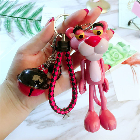 Cartoon PVC Pink Panther Keychain With Strap Metal Bell Leather Holder For Kids Girls Backpack Key Ring Pendant Christmas Gift ► Photo 1/6