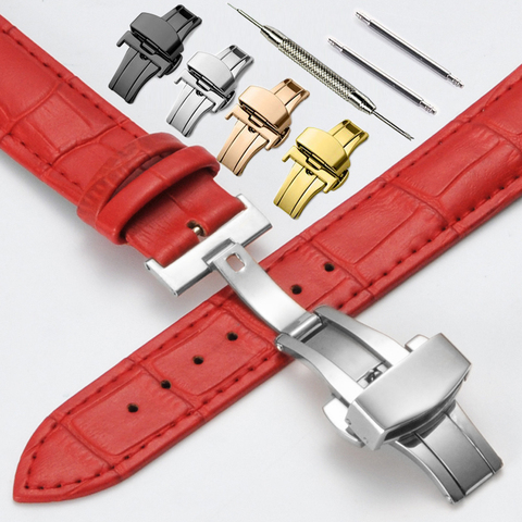 Genuine Leather Watchbands 12 14 16 17 18 19 20 mm Universal Watch Steel Butterfly clasp Buckle Strap Wrist Belt Bracelet + Tool ► Photo 1/6