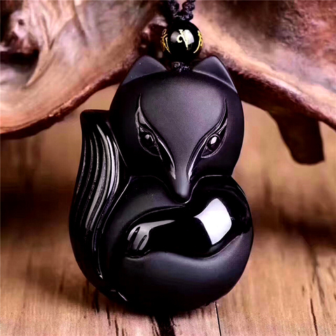 Natural Obsidian Pendant Hand Carved Fox With Chain Lucky Amulet Pendant Necklace Female Male Brave FashionCrystal Jewelry Lover ► Photo 1/6