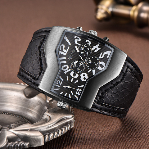 Oulm Unique Design 2 Time Zone Watches Men Luxury Brand Wide Leather Strap Sports Watch Man Quartz Wristwatch erkek kol saati ► Photo 1/6