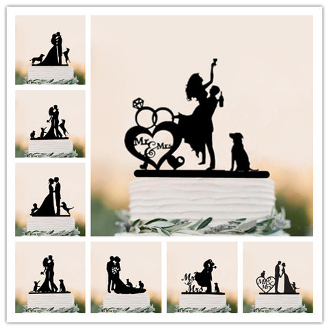 Mixed Style Black Acrylic Bride and Groom Silhouette with Pet Dog Cat Mr & Mrs Toppers for Wedding Cake Decorating Accessory ► Photo 1/6