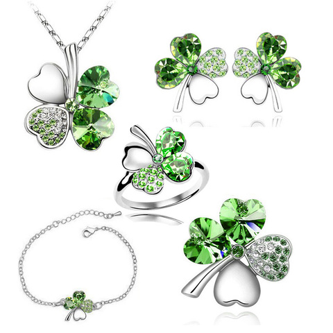 2022 new 5 in set Necklace earrings rings bracelet brooch jewelry set wedding rose gold Crystal Clover 4 Leaf heart Pendant 9554 ► Photo 1/6