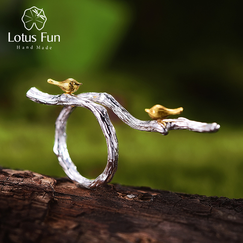 Lotus Fun Real 925 Sterling Silver Original Handmade Fine Jewelry Adjustable Ring 18K Gold Bird on Branch Rings for Women Bijoux ► Photo 1/6