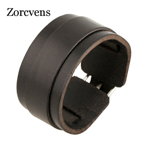 ZORCVENS Wristband Punk Jewelry Cuff Double Wide Black Leather Bangles for Men Stainless Steel Charm Bracelet ► Photo 1/5