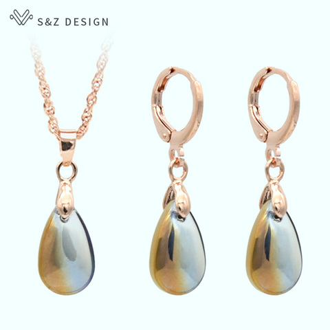 S&Z New Cute 585 Rose Gold Water Drop Colourful Glass Dangle Earrings Jewelry Set Korean For Women Fashion Party Jewelry Gift ► Photo 1/6