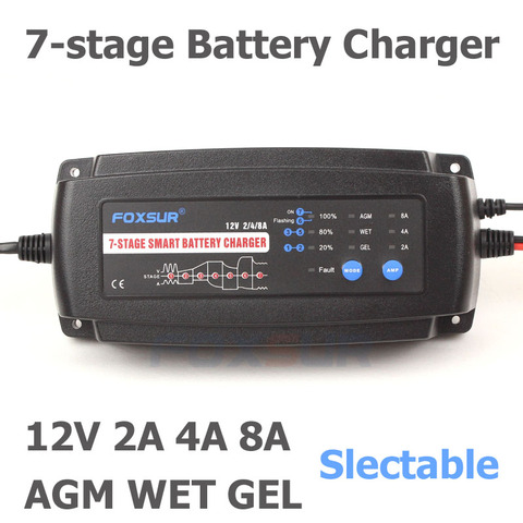 FOXSUR 12V 2A 4A 8A Automatic Smart Battery Charger, 7-stage smart Battery Charger, Car Battery Charger for GEL WET AGM Battery ► Photo 1/6