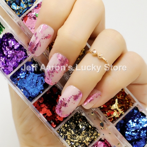 9 Boxes Foil Nail Chips Foil Flakes Nails Art Glitter Decoration Supplies