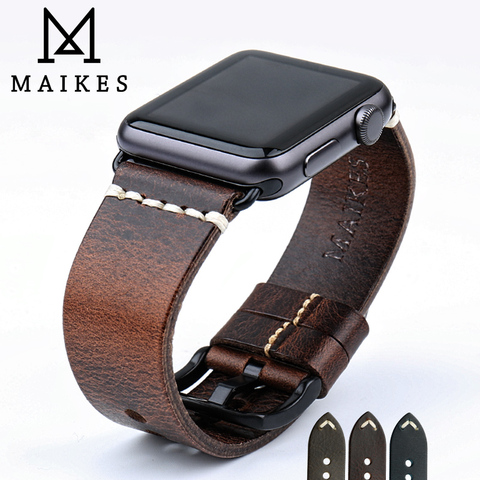 MAIKES Leather Strap Belt For Apple Watch Band 44mm 40mm 42mm 38mm Series 6 5 4 3 2 1 iWatch Vintage Oil Wax Leather Watchband ► Photo 1/6