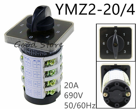 High Quality YMZ12-20/4 20A 690V 4 section Rotary switch knob 6 position 0-7 universal manual electrical changeover cam switch   ► Photo 1/1