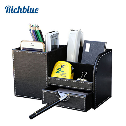 Multi-Functional Desk Stationery Organizer Storage Boxes & Bin Wooden PU Leather Pen Holder Pencil Box Case Containers + Drawer ► Photo 1/6