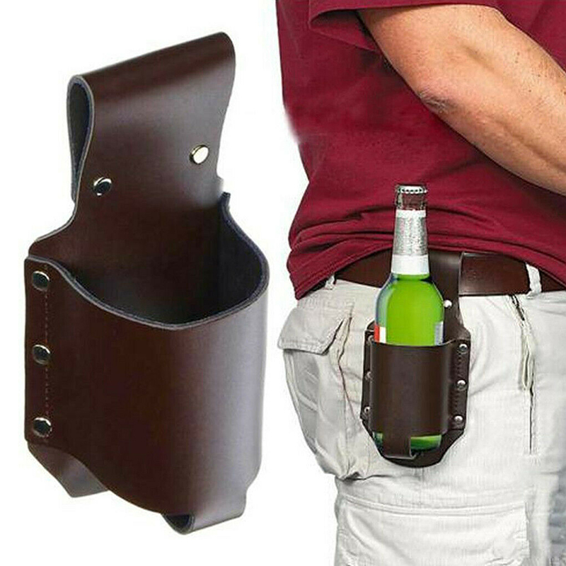 PU Leather Hiking Drinking Belt Bag Outdoor Climbing Beverage Can Holder Camping 