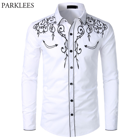 Mens Western Cowboy Shirt Stylish Embroidered Slim Fit Long Sleeve Party Shirts Men Brand Design Banquet Button Down Shirt Male ► Photo 1/6