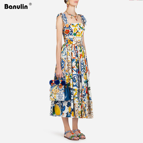 Banulin New 2022 Fashion Runway Summer Dress Women's Bow Spaghetti Strap Gorgeous Floral Print Midi Cotton Dress vestidos ► Photo 1/1