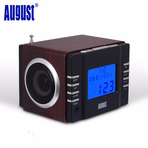 August MB300B Mini Wood FM Clock Radio Receiver and MP3 Stereo System with Card Reader /USB &AUX IN / 2 x 3w HiFi Loud Speakers ► Photo 1/6