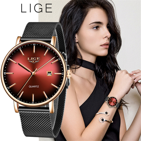 LIGE Fashion Women Watch Top Brand Luxury Ladies Mesh Belt Ultra-thin Watch Stainless Steel Waterproof Quartz Watch Reloj Mujer ► Photo 1/6