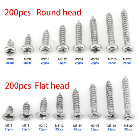 200pcs M3 Stainless Steel Flat Head Screws Kits High strength Self-Tapping Screws Assortment Set For Wood Furniture ► Photo 1/5