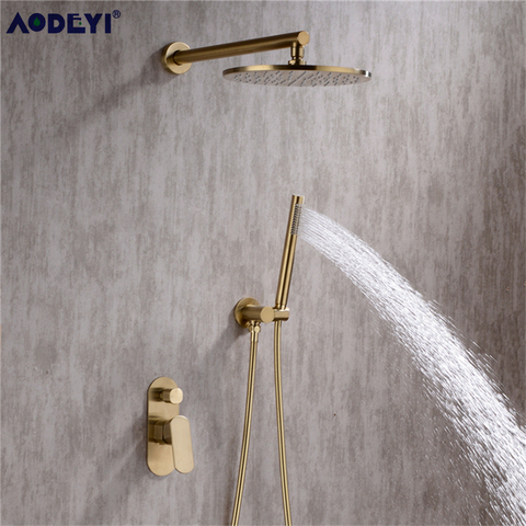 Solid Brass Bathroom Shower Set Rianfall Shower Head Shower Faucet Wall Mounted Shower Arm Mixer Water Set Brushed Gold ► Photo 1/6