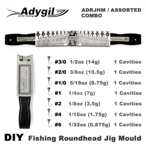Adygil DIY Fishing Roundhead Jig Mould ADRJHM/ASSORTED COMBO 1/32oz, 1/16oz, 1/8oz, 1/4oz, 5/16oz, 3/8oz, 1/2oz 7 Cavities ► Photo 1/6
