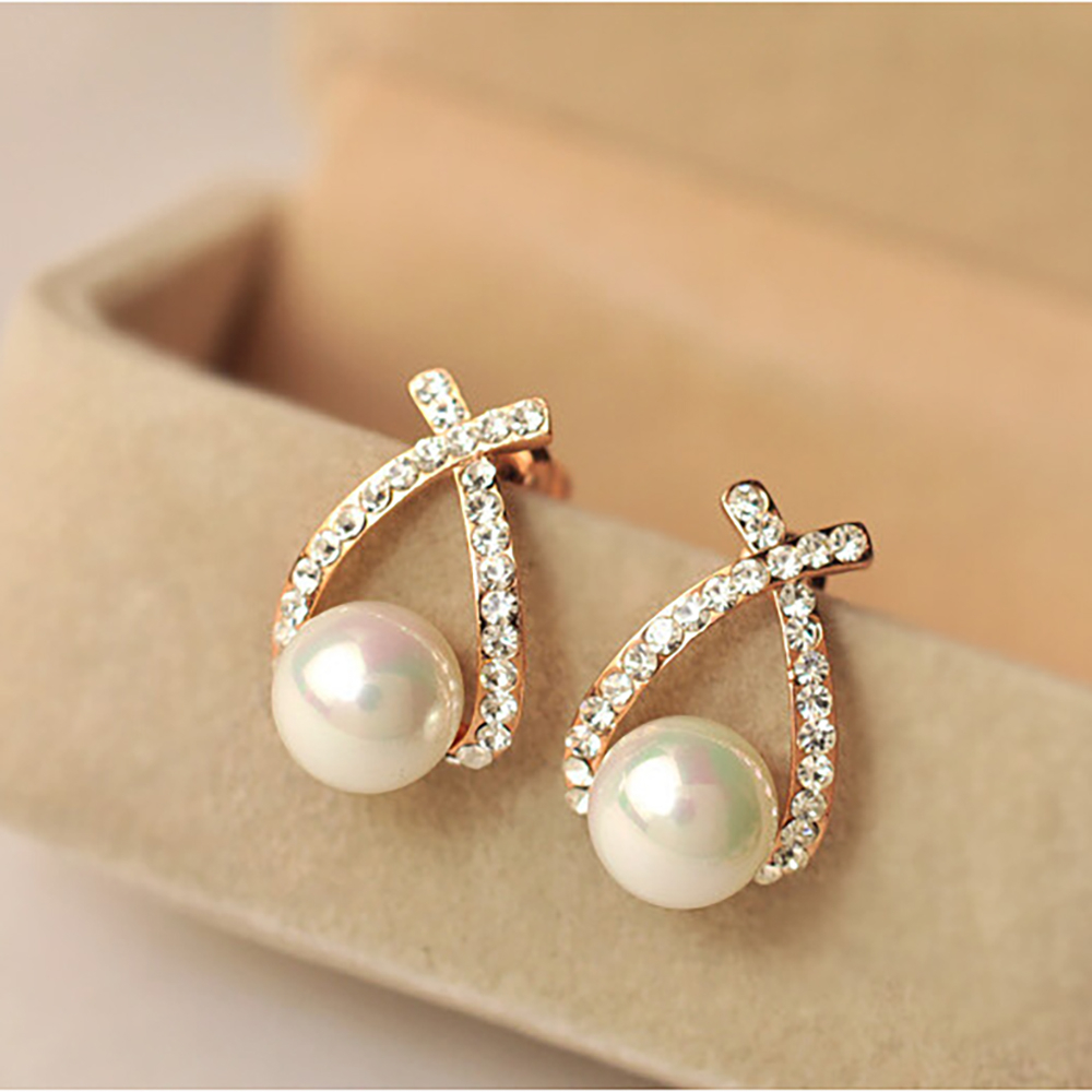 Gift Rhinestone Women Jewelry Earrings Pearl Bowknot Crystal  Ear Studs