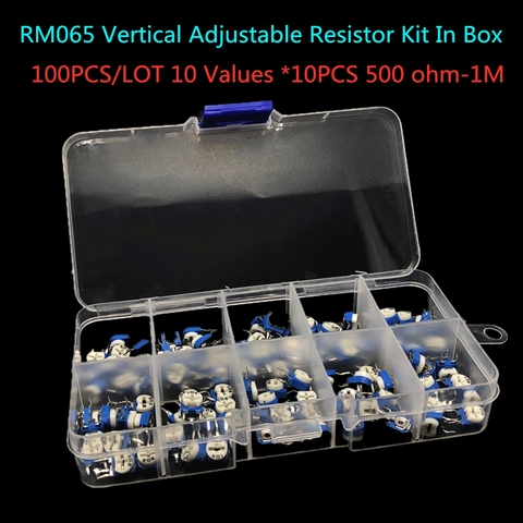 100PCS/LOT 10 Values *10PCS RM065 Vertical Adjustable Resistor Kit In Box 500 ohm-1M ohm Multiturn Trimmer Potentiometer Set ► Photo 1/2