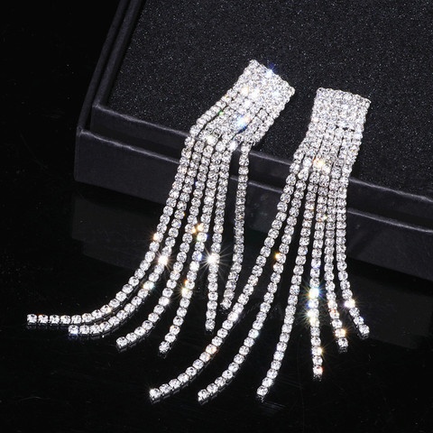 New Silver Color Rhinestone Crystal Long Tassel Earrings for Women
