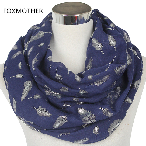 FOXMOTHER Free Shipping Fashion Womens White Navy Yellow  Bronzing Foil Silver Feather Ring Scarves Neck Scarf Glitter Foulard ► Photo 1/6