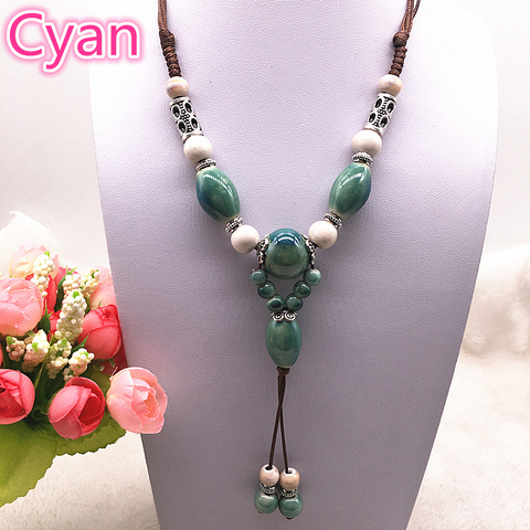 Fashion Ethnic Jewelry Traditional Handmade Ornaments Weave Wax Rope Ceramics Necklace Ceramics Beads Pendant Long Necklace #07 ► Photo 1/6