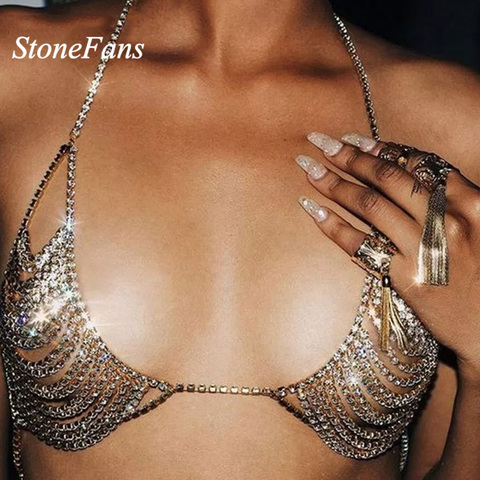 StoneFans Bra Necklace 3 Colors Rhinestone Chain Jewelry Hollow Out New Crystal Gold Chain Necklace Bikini for Valentine Gift ► Photo 1/6
