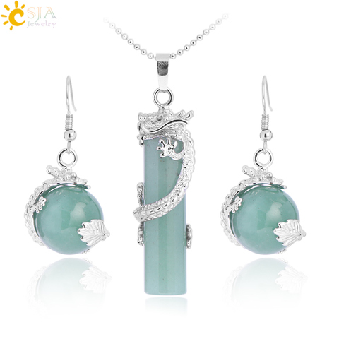 CSJA 2017 Natural Jewelry Set Crystal Round Stone Beads Drop Pendant Necklace Earrings Set Chain Opal Dragon Pendulum Party E390 ► Photo 1/6