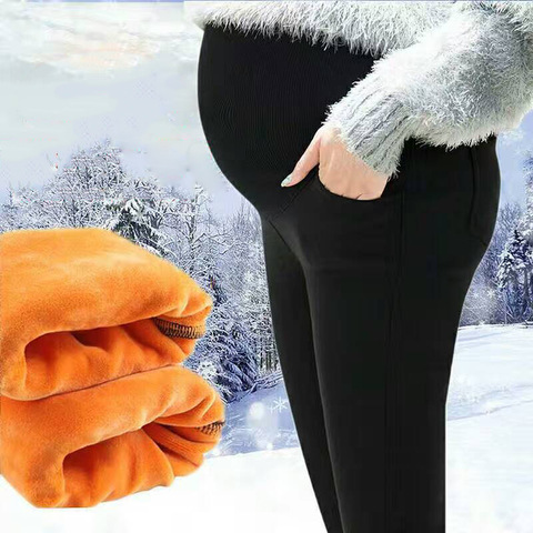 Winter Pregnant Cotton Blend Gold Velvet Black Pants Thick Warm Stretch Slim Adjust Maternity Leggings Mother High Waist Clothes ► Photo 1/6