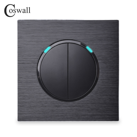 Coswall 2 Gang 1 Way Random Click On / Off Wall Light Switch With LED Indicator Black / Silver Grey Aluminum Metal Panel R12-02 ► Photo 1/5
