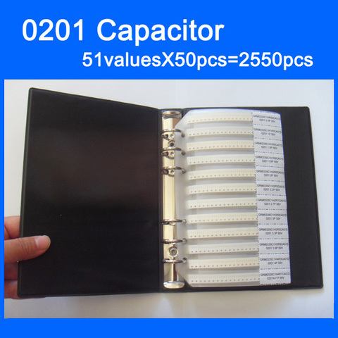 Free Shipping 0201 SMD Capacitor Sample Book 51valuesX50pcs=2550pcs 0.5PF~220NF Capacitor Assortment Kit Pack ► Photo 1/2