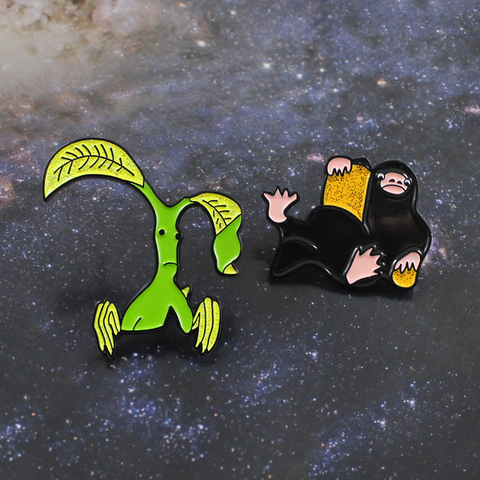 Niffler and Pickett Bowtruckle Brooch Cartoon Fantasy Animal Creature Beast Magic Movie Enamel Pin Denim Lapel Badge Fans Gifts ► Photo 1/6