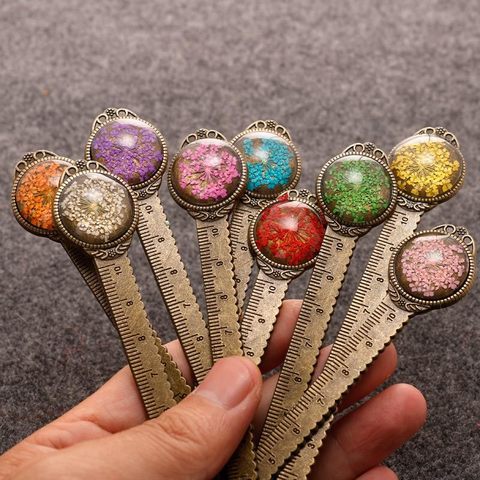 1 Pcs Creative Retro Bronze Round Bookmark 10cm Ruler Vintage Metal Colorful Flower Glass Gems As Book Page Marker ► Photo 1/6