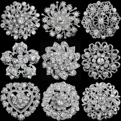 Rhinestone Crystal Silver Plated Flower Brooches for Women Men Wedding Bridal Party Round Bouquet Brooch Pin Clear ► Photo 1/6