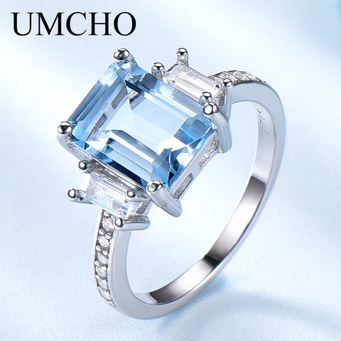 UMCHO Rectangle Created Sky Blue Topaz Rings 925 Sterling Silver Jewelry Colorful Gemstone Rings For Women Gifts Fine Jewelry ► Photo 1/5