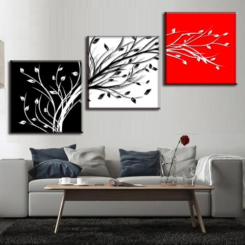 Canvas Tableau Painting Black White Red 3 Panel Color Tree Branch Photo Modern Art Live Wall Decoration Modular Picture Poster ► Photo 1/4
