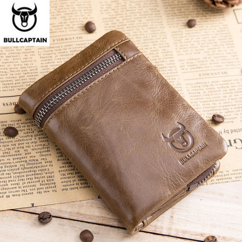 BULLCAPTAIN Short Tri-Fold Buckle Zipper Wallet Men's Cow Leather Wallet Coin Purse Money Bag Business Card Holder RFID Holder ► Photo 1/6