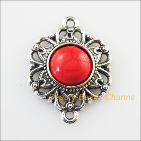 New 6Pcs Retro Tibetan Silver Color Flower Red Stone Charms Pendants 21.5x28mm ► Photo 1/4